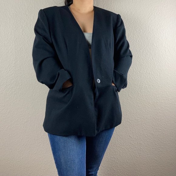 80s Vintage Russ Collectibles ILGWU Collarless Black Blazer - L - Picture 1 of 5